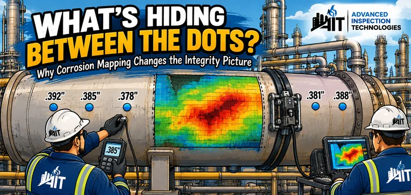 AIT illustration titled What's Hiding Between the Dots: an inspector takes spot UT readings at a few CML dots on a vessel shell while a second inspector runs an encoded AUT scanner that reveals a color corrosion map between them.