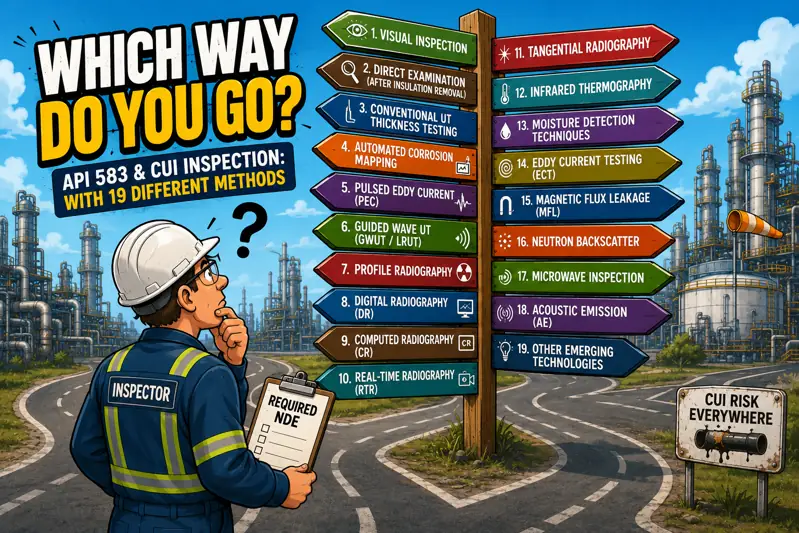Editorial illustration of an inspector at a crossroads facing a signpost with 19 different CUI NDE method arrows, refinery in the background.