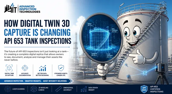 AIT promotional graphic showing a storage tank character holding a magnifying glass revealing a 3D digital twin wireframe with dimensional measurements, laser scanner in foreground, refinery background.