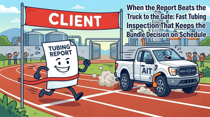 Editorial illustration of an AIT tubing report sprinting across a finish line ahead of the AIT truck, with a refinery in the background.
