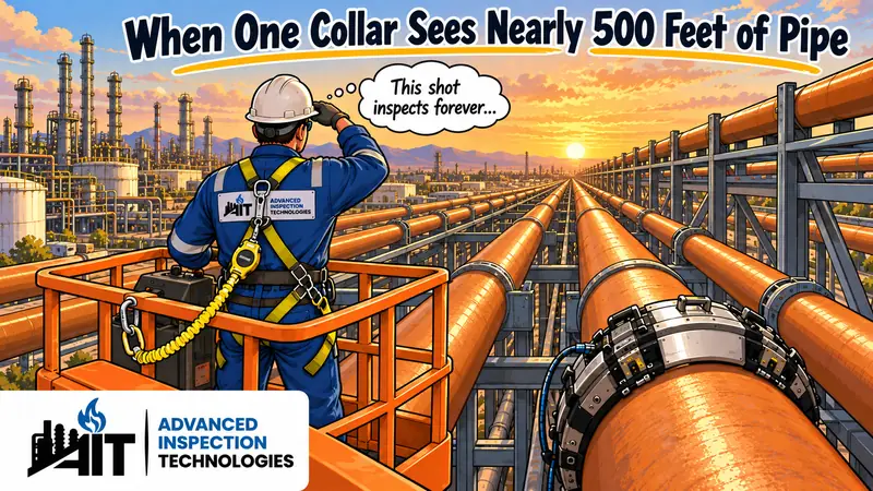 Illustration of an AIT field technician on a lift platform looking down a long refinery pipe rack, with a guided wave transducer collar clamped around an 8-inch coated line.
