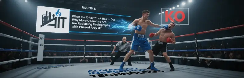 Editorial illustration of PAUT (UTPA) knocking out radiography (X-Ray) in a boxing ring with AIT branding.